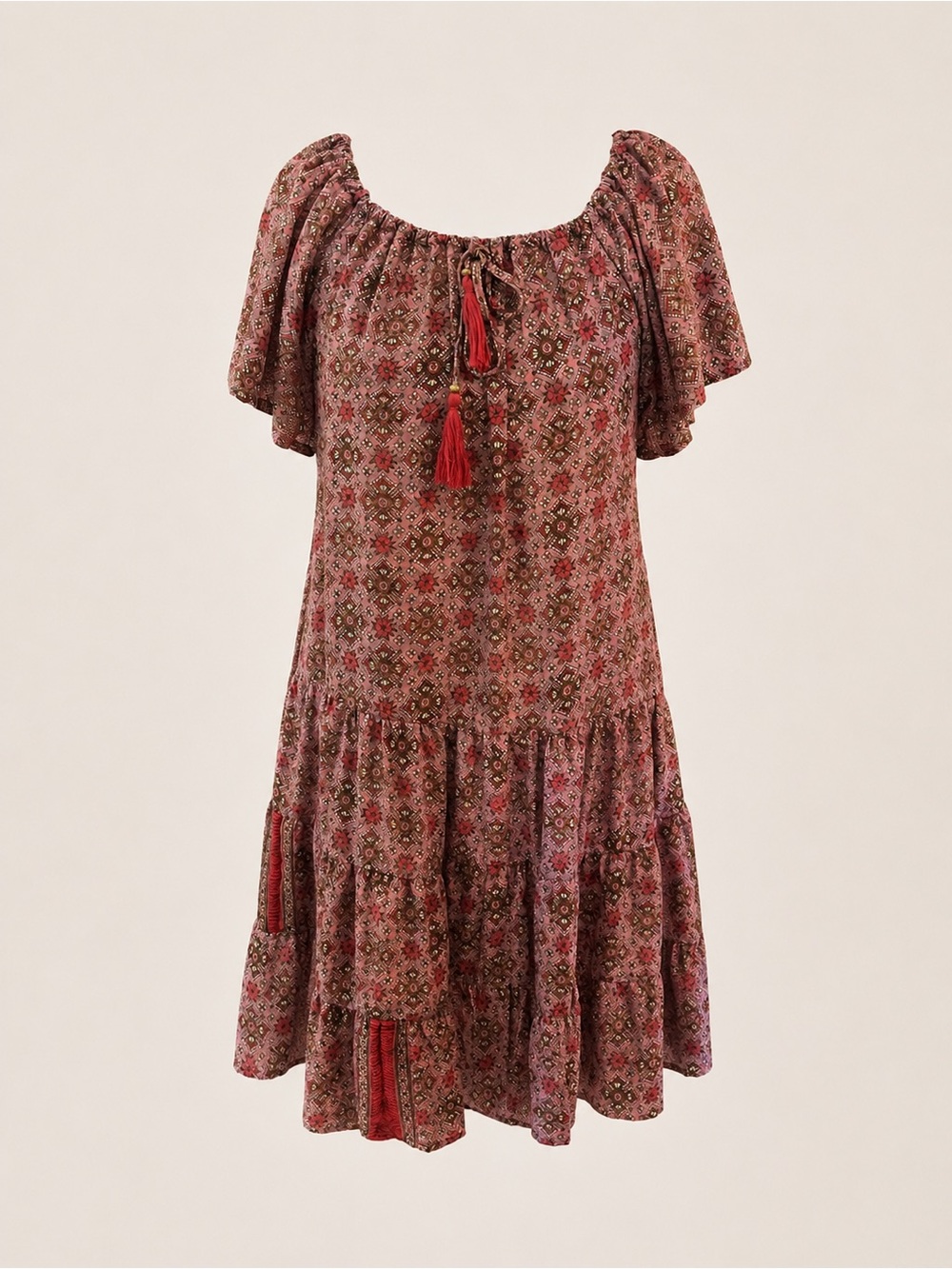 Paani Bohemian Paisley Print Mini Dress Babydoll Tiered Boho Pink Brown S - Picture 2 of 7